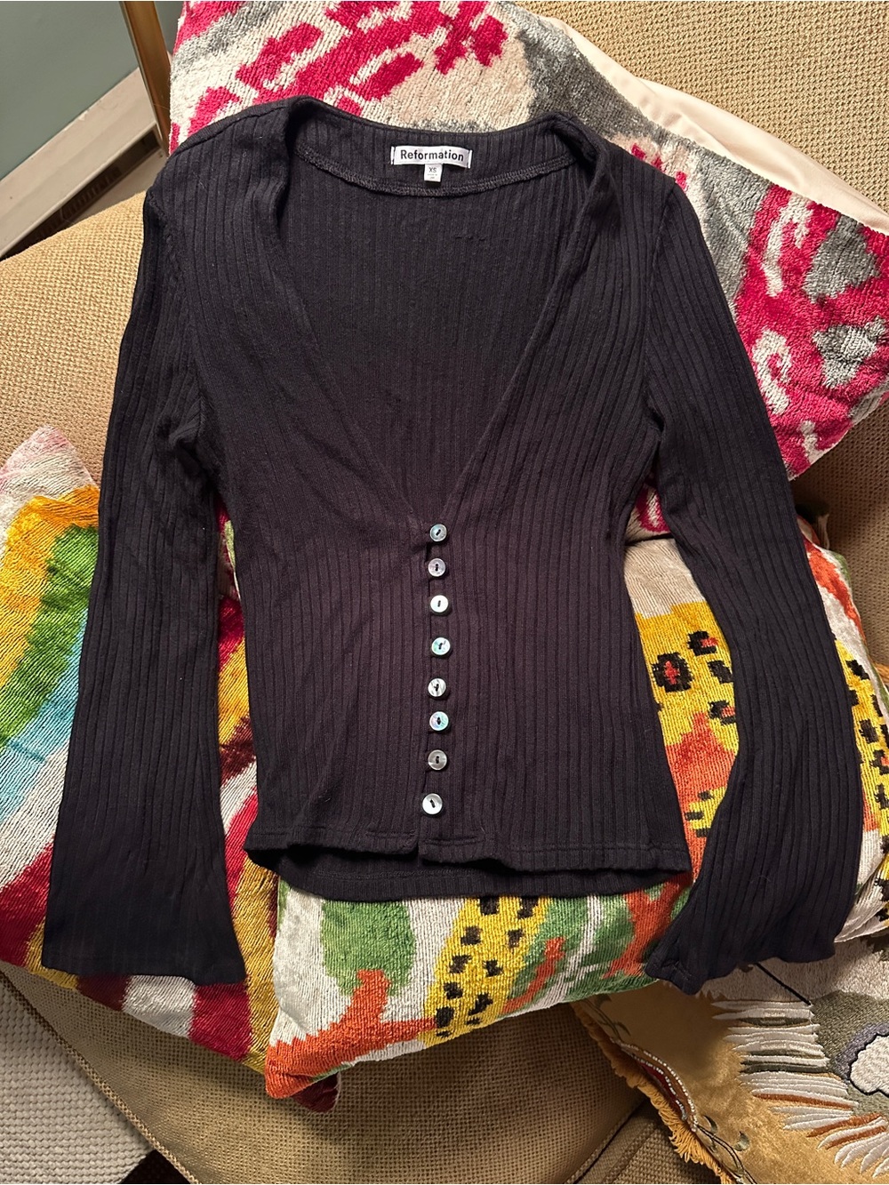Reformation Black Ribbed Shell Button Bell Sleeve Top XS